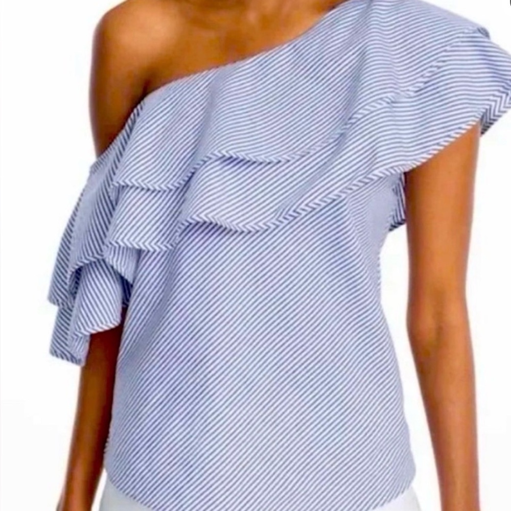 NWOT- White House Black Market Blue and White Striped Off-Shoulder Ruffle Top